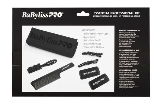 BaBylissPRO Essential Professional Kit. Inc: Cape, 2 Clips, 2 Holders, Fade Brush , 9" Comb - Black