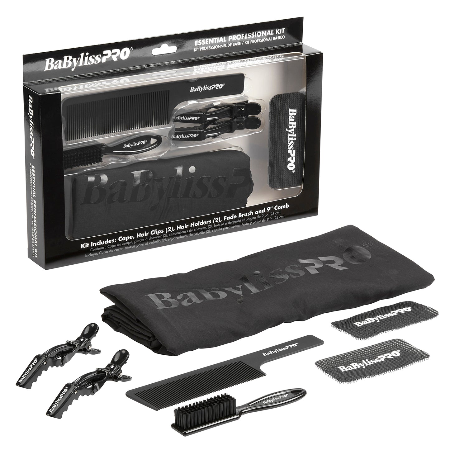 BaBylissPRO Essential Professional Kit. Inc: Cape, 2 Clips, 2 Holders, Fade Brush , 9" Comb - Black