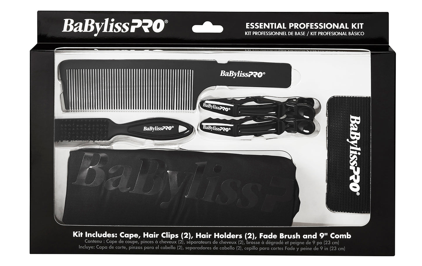 BaBylissPRO Essential Professional Kit. Inc: Cape, 2 Clips, 2 Holders, Fade Brush , 9" Comb - Black