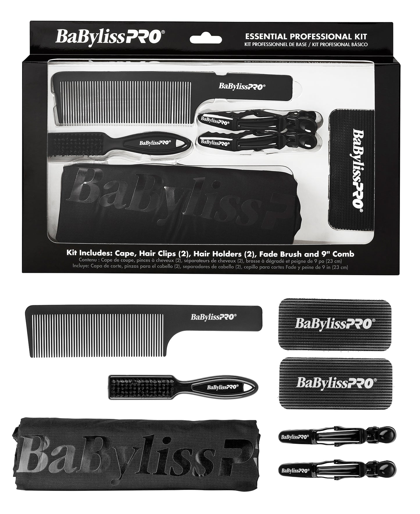 BaBylissPRO Essential Professional Kit. Inc: Cape, 2 Clips, 2 Holders, Fade Brush , 9" Comb - Black